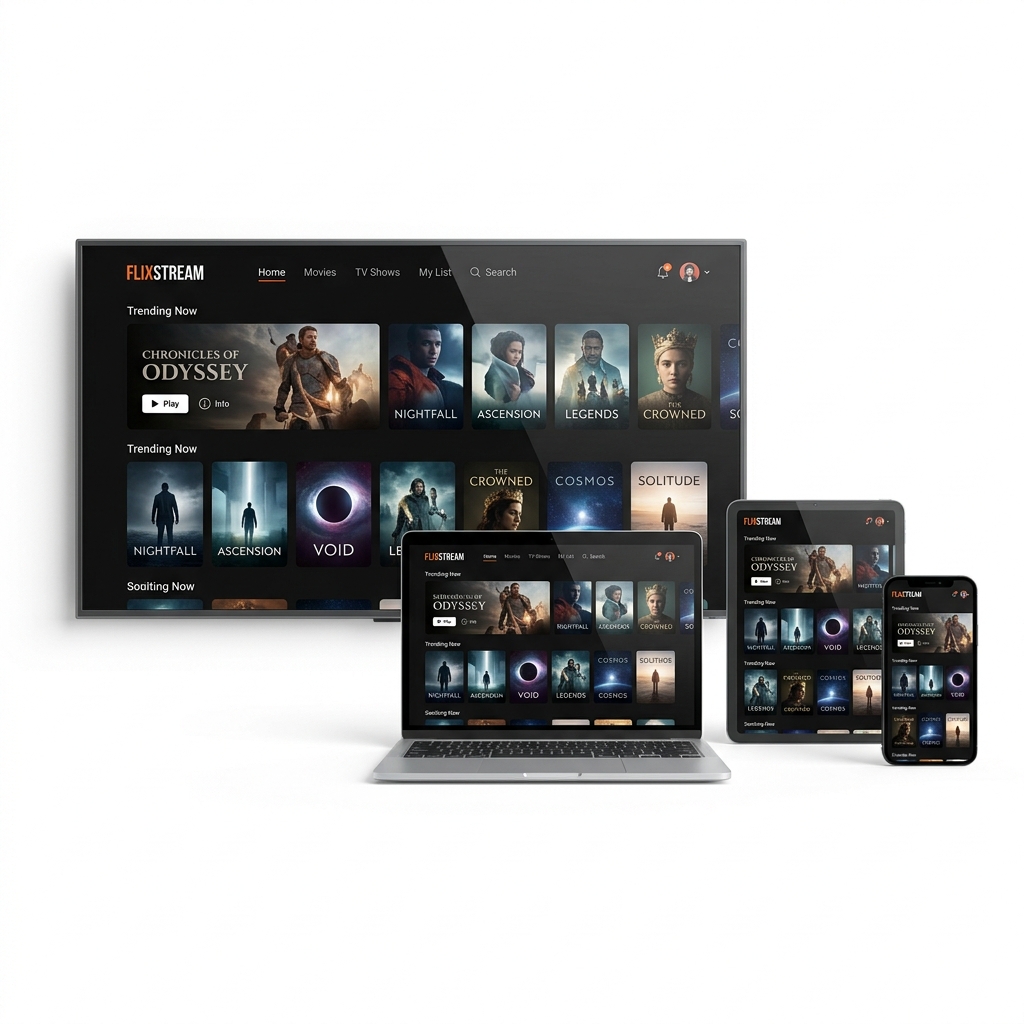 Multiple devices including smart TV, laptop, tablet, and smartphone displaying IPTV catalog