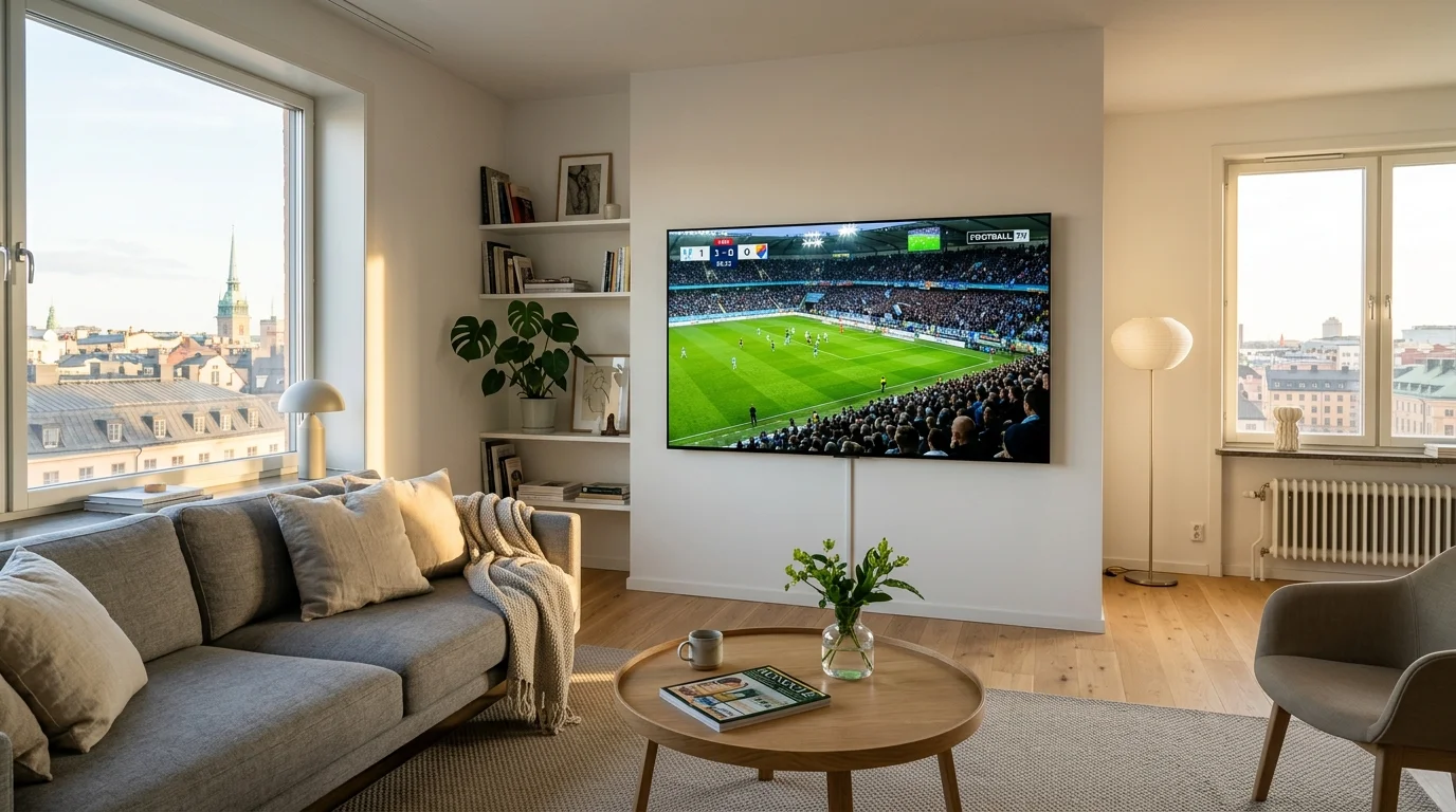 Bästa IPTV för Allsvenskan 2026 på 4K Smart TV i modernt skandinaviskt vardagsrum