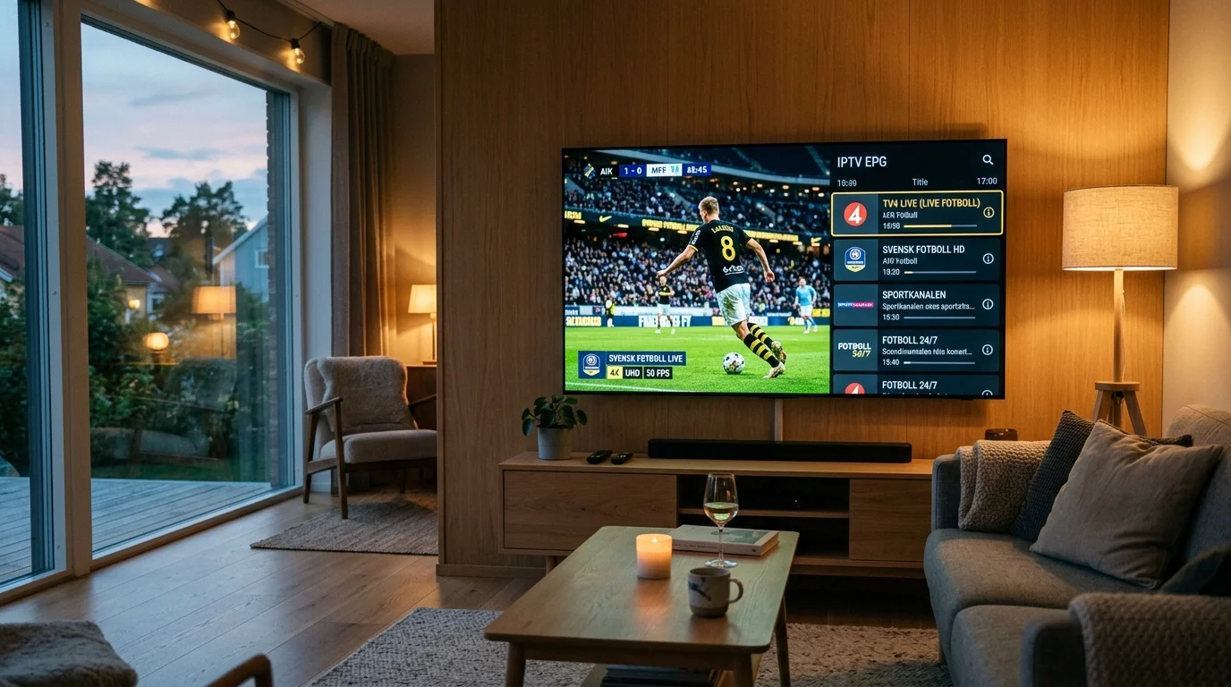 Bästa IPTV app för Smart TV 2026 med fotbollsmatch i 4K på 65-tums OLED-skärm