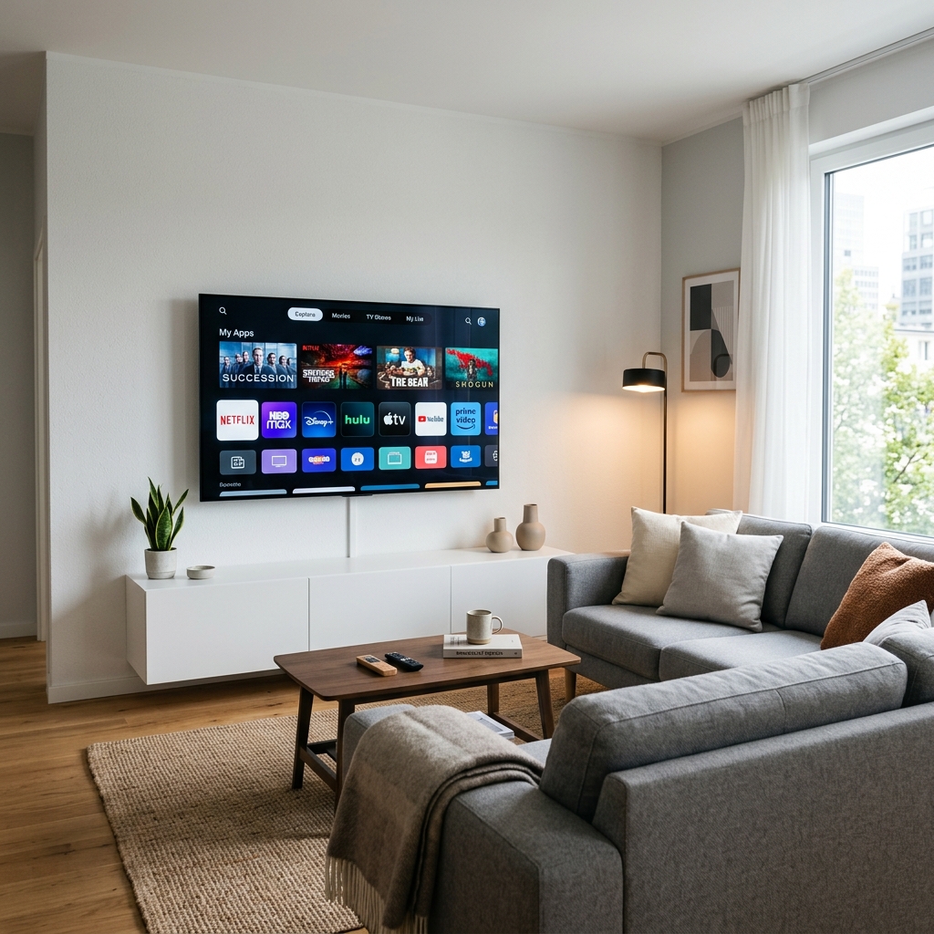 Sleek IPTV setup showing television and streaming app catalog